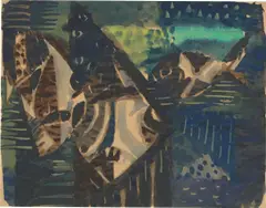 pesci scuri / Dunkle Fische by Eduard Bargheer, 1949, Gouache auf dünnem Bütten, sold Apr 2025