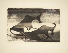 Ewald Mataré, Zwei Kühe im Nebel (Weide C)“. 1952 ?, Farbholzschnitt auf festem Papier