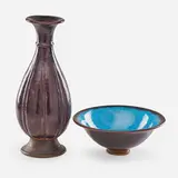 Tall vase and footed bowl by Leon Volkmar and Manuel Jalanivich for Durant Kilns, sold Sep 2018