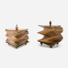 Lidded boxes, set of two by John Otar, c. 1933, copper, brass, sold Jan 2024