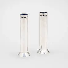 Bud vases, pair by Richard Meier, c. 1985, silver plate, glass, sold Jan 2024