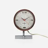 Arthur Umanoff, Table clock, model 663, c. 1955, rosewood, chrome-plated steel, aluminum, acrylic