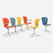 Gideon Kramer, Ion chairs, set of six, 1962, chrome-plated steel, steel, fiberglass, rubber, steel