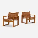 Safari lounge chairs, pair by Børge Jensen, c. 1965, teak, leather, sold Jan 2024