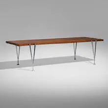 Hugh Acton, Bench, 1954, walnut, chrome-plated brass