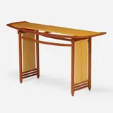 Console table by Richard Tannen, c. 1990, cherry, maple, sold Jan 2024