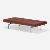 PK 80 daybed by Poul Kjærholm, 1957 / 2007, leather, stainless steel, lacquered wood, rubber, sold Jan 2024