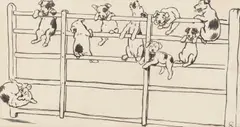 Nine Little Puppy Dogs Swinging on a Gate by Cecil Charles Windsor Aldin, pen and ink, sold May 2015