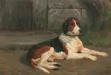 A resting hound by British School, oil on board, offered May 2015