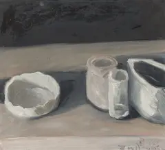 Klaus Fußmann, Stillleben mit Schale, Glas und Vasen, 1985, Öl auf Leinwand, mit Künstlerrahmen