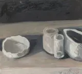 Klaus Fußmann, Stillleben mit Schale, Glas und Vasen, 1985, Öl auf Leinwand, mit Künstlerrahmen