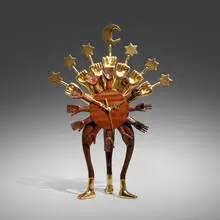 Astroclock-Ological Time by Pedro Friedeberg, c. 1975, carved and gilt Mexican mahogany, brass, sold Dec 2023