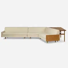Harvey Probber, Sectional sofa with table, c. 1960, upholstery, rosewood, mahogany, cane, brass