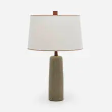 Table lamp by Gordon and Jane Martz, c. 1950, glazed earthenware, linen shade, walnut, sold Dec 2023