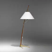 J.T. Kalmar, Adjustable floor lamp, c. 1950, brass, teak, linen shade, copper