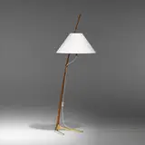J.T. Kalmar, Adjustable floor lamp, c. 1950, brass, teak, linen shade, copper