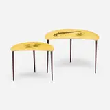 Occasional tables, set of two by Aldo Tura, c. 1950, lacquered goatskin with transfer-print over wood, lacquered wood, brass, sold Dec 2023