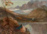 James Smetham, Lady by a lake, oil on board