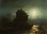 Docking in moonlight by Auguste Musin, oil on canvas, sold Oct 2015
