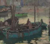 Harry Britton, Boats in a harbour, oil on canvas