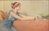 Lady at table with oysters and pearls by Peter Leslie, watercolour, sold Oct 2015