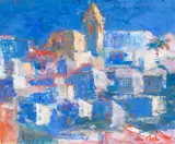 Vejer, Blue Skies by Ann Oram Rsw, gouache, sold Oct 2015