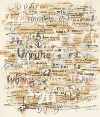 Gerhard Hoehme, Ohne Titel, 1960, Deckweiß, Kreide und Buntstift in Rot über Collage auf einem Doppelbogen Papier