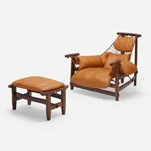 Jean Gillon, Jangada armchair and ottoman, 1968, jacaranda, leather, rope