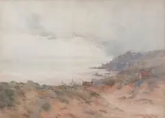 John Maclauchlan Milne Rsa, A village by the sea, watercolour