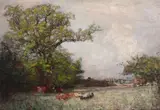 Cattle in a meadow with castle beyond by Alexander Brownlie Docharty, oil on canvas, offered Jun 2015