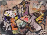 Hans Jüchser, Stilleben mit gelbem Apfel und Muschel, 1969, Öl auf Papier auf Hartfaser