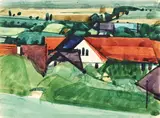 Hermann Glöckner, Wünschendorf, in Grün gebettet, 1934, Aquarell und Tuschpinsel auf Papier