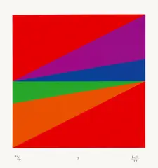 Max Bill, Transcoloration in fünf Quadraten, 1973, Original-Kunststoffmappe mit 5 Farbserigraphien, jeweils auf Kunststoffolie