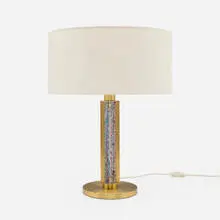 Table lamp by Angelo Brotto, c. 1975, brass, glass, linen shade, sold Dec 2023