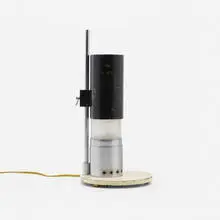 Adjustable table lamp, model 12445 by Angelo Lelii, c.1954, enameled steel, enameled aluminum, chrome-plated brass, frosted glass, sold Dec 2023