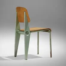 Jean Prouvé, Demountable 'Semi-Metal' chair, No. 300, c. 1952, enameled steel, beech plywood, rubber, aluminum