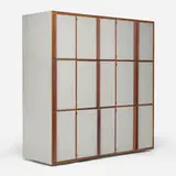 Room divider from l’Unité d’Habitation Air France, Brazzaville by Charlotte Perriand and Le Corbusier, 1952, lacquered wood, stained teak, enameled aluminum, sold Dec 2023