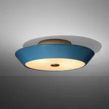 Ceiling lamp by Stilnovo, c. 1960, enameled aluminum, frosted prismatic glass, brass, sold Dec 2023