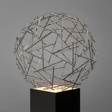 Geodesic Tensegrity Sphere,120 Strut, 4 Frequency Dome by Buckminster Fuller, c. 1985, brass dowels, wire, laminate, acrylic, sold Dec 2023