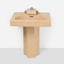 Crane Neuvogue pedestal sink by Henry Dreyfuss, c. 1939, glazed porcelain, chrome-plated aluminum, sold Dec 2023