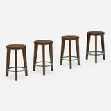 Stools from Punjab University, Chandigarh, set of four by Pierre Jeanneret, c. 1965, teak, enameled steel, sold Dec 2023