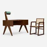 Lighting desk and chair from Chandigarh by Pierre Jeanneret, c. 1960, teak, cane, upholstery, enameled steel, aluminum, sold Dec 2023