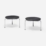 PK 33 stools, pair by Poul Kjaerholm, 1959 / 2004, stainless steel, leather, lacquered wood, plastic, sold Dec 2023
