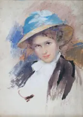 Willem Maris, Girl with blue ribbon on straw hat, watercolour