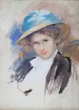 Willem Maris, Girl with blue ribbon on straw hat, watercolour