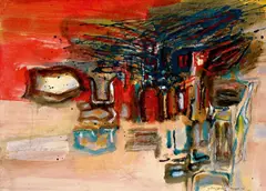 Conrad Westpfahl, Ohne Titel, 1966, Öl, Tempera, Lack, Dispersion und Wachskreide auf Papier, auf Leinwand aufgezogen, auf Holz montiert