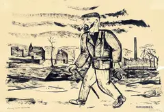 Weg zur Arbeit by Otto Griebel, Tuschpinsel auf bräunlichem Papier, auf Karton montiert, sold May 2008