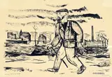 Otto Griebel, Weg zur Arbeit, Tuschpinsel auf bräunlichem Papier, auf Karton montiert