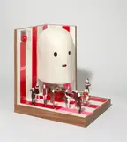 Ich habe noch nie gelogen. Ich habe nicht einmal eine Nase by Marcel Dzama, 2014, Klebeband, Bleistift, Öl, Papier, Metall, PVC und Ton auf Holzplatten, aneinander geleimt, sold Nov 2019