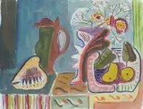 Werner Gilles, Stilleben mit Blumen, Krug und Muschel, 1948, Aquarell auf dünnem Bütten